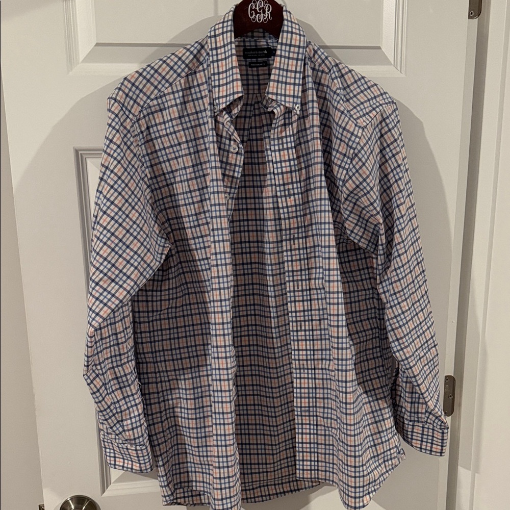 Southern Marsh Performance Men's Plaid Checkered Button Up Shirt Blue Orange